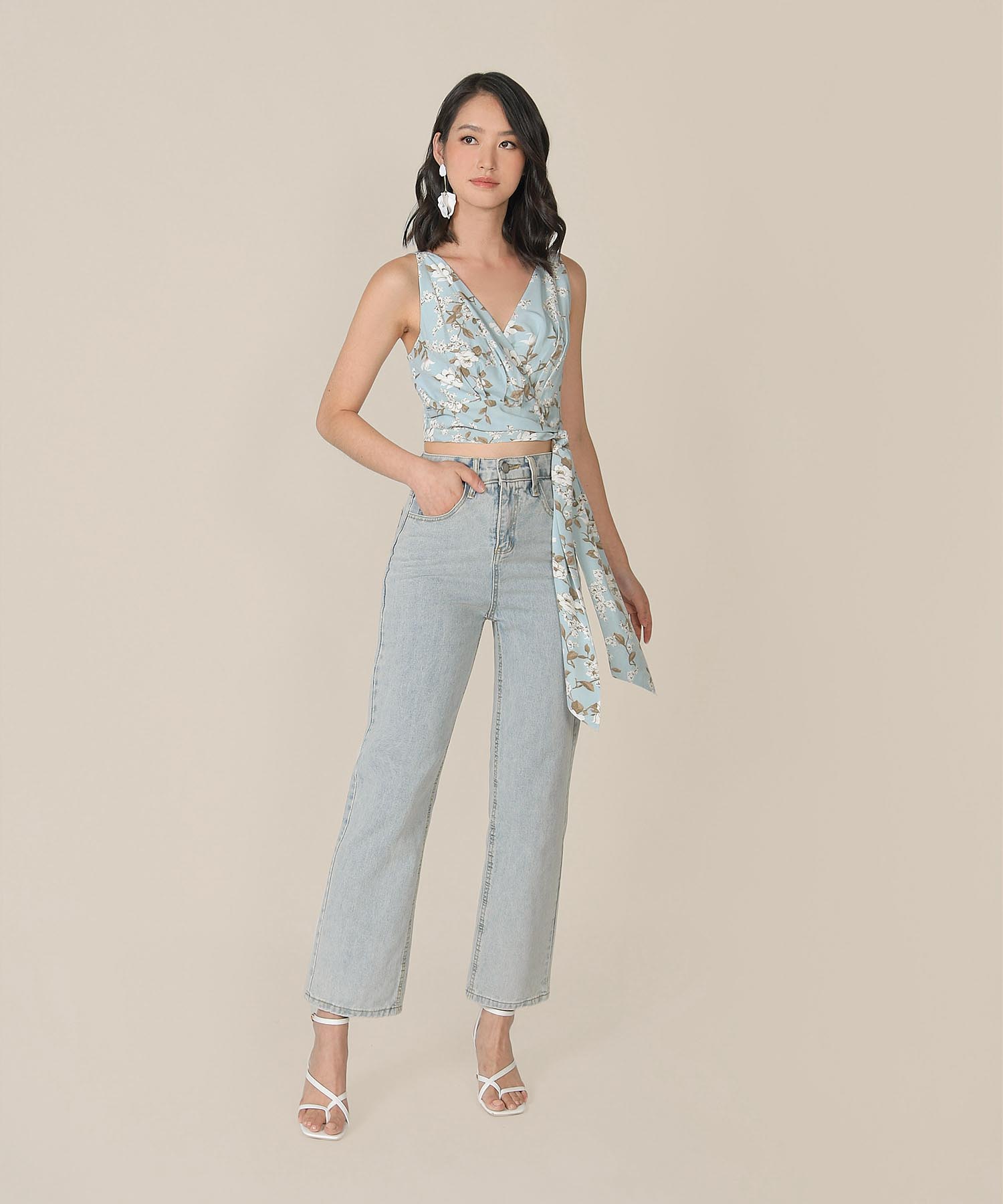 Azure Floral Wrapped Cropped Top - Pale Blue